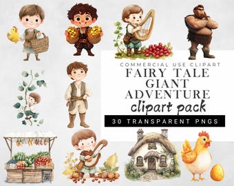 May include: A digital clipart pack featuring 30 illustrations of fairy tale characters, including a giant, a chicken, a house, a market stall, and several children. The illustrations are in a watercolor style and are perfect for creating whimsical designs.