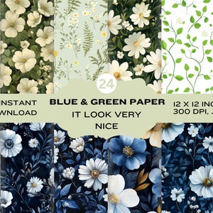 Blue And Green Floral Seamless Digital Papers, Blue Flower Scrapbook Papers, Green Digital Backgrounds, Junk Journal Papers