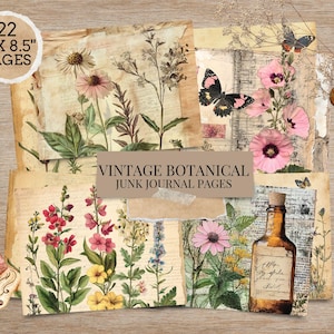 Pages de carnet de notes de fines herbes, éphémères botaniques, arrière-plan botanique, kit de papier ancien, journal de fleurs sauvages, papier de scrapbooking numérique