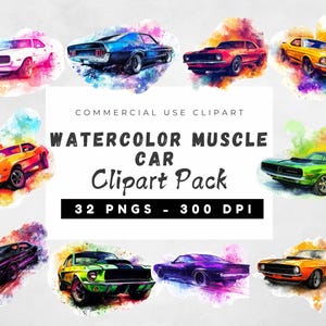 Watercolor Muscle Car Clipart, Car Png Bundle, American Classic Car, Classic Muscle Car PNG, Vintage Retro Car PNG, Classic Vehicles Clipart