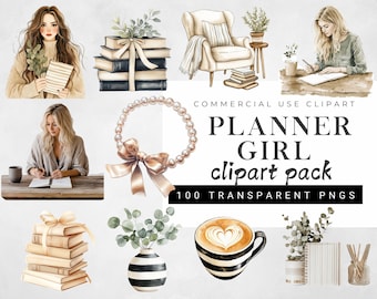 May include: A digital clipart pack featuring illustrations of a woman working on a planner, a stack of books, a cup of coffee, a vase with greenery, and a pearl necklace with a bow. The text "PLANNER GIRL clipart pack 100 TRANSPARENT PNGS" is displayed on a white background.