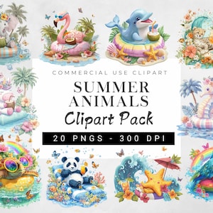 Summer Clipart Bundle | Cute Summer Animals PNG | Seasonal Beach Clipart | Tropical Summer Elements | Digital Download