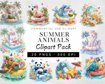 Summer Clipart Bundle | Cute Summer Animals PNG | Seasonal Beach Clipart | Tropical Summer Elements | Digital Download