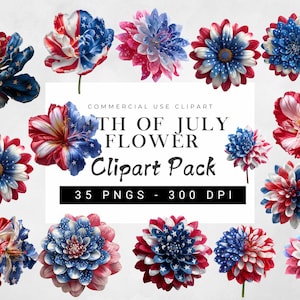 May include: A collection of floral clipart in red, white, and blue, perfect for patriotic designs. The flowers feature patterns of the American flag, including stars and stripes. The text reads "4th of July Flower Clipart Pack".