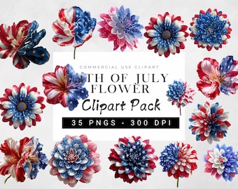 4th of July Flower Clipart Bundle | Patriotic Floral PNG Set | Red White Blue Watercolor Graphics Download