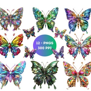 Mariposas de cristal de colores, mariposa PNG, clipart de mariposa de acuarela, ilustraciones de mariposas de piedras preciosas, clipart de mariposa con joyas