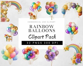 Rainbow and Gold Balloons Clipart | Glitter Balloon PNG | Party Balloons Clipart | Birthday & Wedding Balloon PNG | Digital Download
