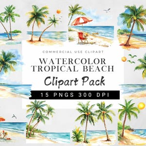Aquarell Tropischer Strand Clipart Bundle | Palmen & Meerblick PNGs | Sommer Küstenlandschaft Digitale Kunst für Handwerk Und Journals