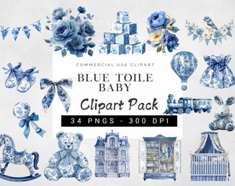 Blue Toile Baby Clipart | “It’s a Boy” Baby Shower PNG | Watercolor Floral Chinoiserie | Vintage French Nursery Digital Graphics