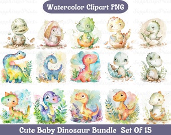 May include: A set of 15 watercolor illustrations of cute baby dinosaurs in various poses. The dinosaurs are depicted in a cartoon style with bright colors and playful expressions. The illustrations are perfect for use in children's books, greeting cards, or other creative projects.