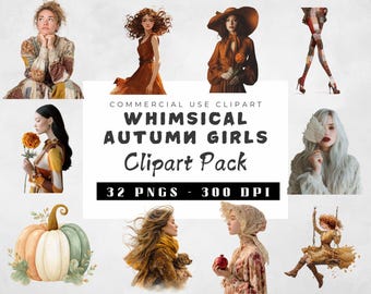 Pacchetto di clipart autunnali stravaganti con ragazze / Clipart autunnali per junk journal, scrapbooking, creazione di biglietti, PNG per uso commerciale