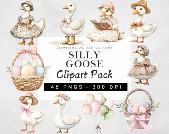 Silly Goose Clipart Bundle, Spring Silly Goose Png, Goose Birthday Party And Baby Shower Clipart, Spring Cottagecore, Easter Day PNG