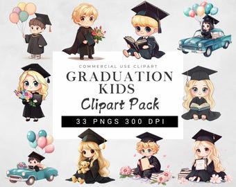 Watercolor Graduation Kids Clipart Bundle - Diploma, Hat, Design Elements - PNG Files, Preschool Graduation Clipart Set, Kids Clipart Set