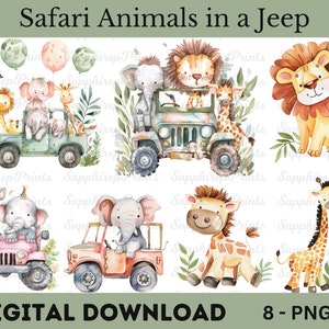 Adorable aquarelle Safari bébé animaux de la jungle dans un ensemble de cliparts Jeep, clipart animaux sauvages, animaux de safari Png, décorations de fête Safari