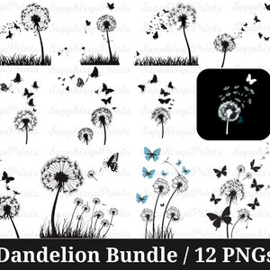Dandelion Clipart Bundle,12 Dandelion Png Bundle, Dandelion Blowing Png, Dandelion Flower With Butterfly Clipart, Just Breathe PNG
