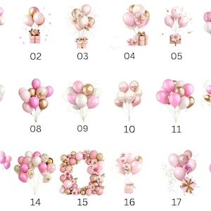 May include: 18 different arrangements of pink and gold balloons. The balloons are tied together with ribbon and some have confetti inside. The balloons are arranged in various shapes, including arches, circles, and bouquets.