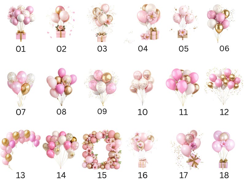 May include: 18 different arrangements of pink and gold balloons. The balloons are tied together with ribbon and some have confetti inside. The balloons are arranged in various shapes, including arches, circles, and bouquets.