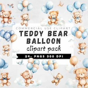 Teddybeer en blauwe ballonnen clipartbundel, babyshower voor een jongen clipart, teddybeer png, jongen verjaardag png, blauwe teddybeerballonnen png