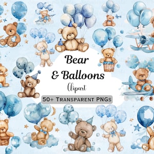 Teddybär und blaue Luftballons Clipart Bundle, Babyparty für einen Jungen Clipart, Teddybär Png, Junge Geburtstag Png, blaue Flugzeug Ballons Png
