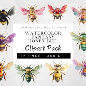 Peut inclure: Pack de cliparts d'abeilles fantaisie à l'aquarelle, avec diverses illustrations d'abeilles colorées. Les abeilles ont des ailes aux tons roses, violets, verts et jaunes. Le texte sur l'image indique : "Commercial Use Clipart, Watercolor Fantasy Honey Bee Clipart Pack, 26 PNGS - 300 DPI."