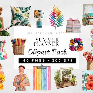 Planner Girl Summer Clipart Bundle, Colorful Tropical Graphics, Digital Planner Clip Art for Journals, Stickers, Scrapbook, Commercial Use