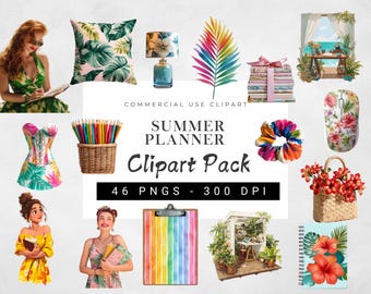 Planner Girl Summer Clipart Bundle, Colorful Tropical Graphics, Digital Planner Clip Art for Journals, Stickers, Scrapbook, Commercial Use