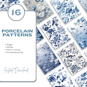 Modello in porcellana blu e bianca 5"x7", modelli floreali in porcellana, fiori, uccelli, farfalle, peonie, carta digitale in porcellana cinese