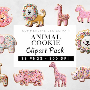 Pode incluir: Uma coleção de biscoitos em forma de animais, incluindo um leão, uma girafa, um elefante e um rinoceronte, decorados com granulado colorido. Os biscoitos são de várias cores e formas, perfeitos para uma festa infantil ou um doce divertido. O texto "ANIMAL COOKIE Clipart Pack" também está presente.