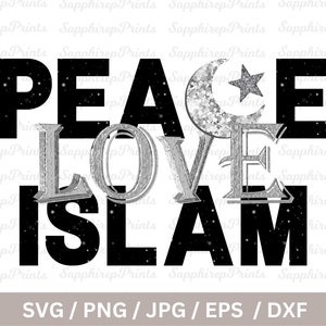 May include: Black and white graphic design with the words "Peace Love Islam" in bold letters. A silver crescent moon and star are above the word "Peace". The background is a black and white starry sky.