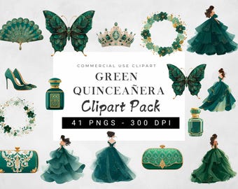 Groene en gouden quinceañera-clipartbundel | Uitnodigingselementen kweepeer | Bloemenprint prinses