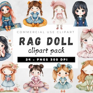 Grazioso set di clipart di bambole con tappeti ad acquerello, bambole patchwork PNG, bambole stracciate PNG, illustrazioni per bambini, artigianato di carta, scrapbooking
