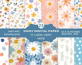 Puede incluir: Un conjunto de 23 papeles digitales con patrones de margaritas en varios colores y estilos. Los papeles son de 30,5 cm x 30,5 cm y 300 DPI. El texto "DAISY DIGITAL PAPER" se muestra en una pancarta azul.