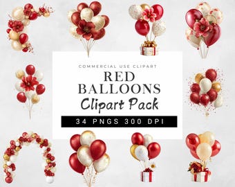 Red and Gold Balloons with Flowers Clipart | Glitter Balloon PNG | Party Balloons Clipart | Wedding & Birthday Balloon PNG
