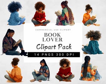Black Girl Reading Clipart Bundle | Book Lover PNG Stickers | Book Reading Clipart for Journals & Planners | Commercial Use Digital Download