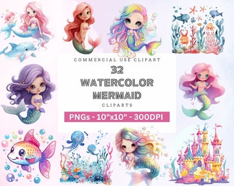 Paquete de imágenes prediseñadas de sirenas en acuarela / Animales marinos submarinos PNG / Imágenes prediseñadas de criaturas marinas / Descarga de decoración para guardería