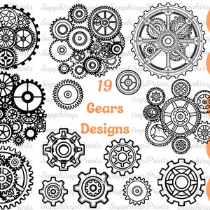Puede incluir: Un conjunto de 19 diseños de engranajes en blanco y negro. Los engranajes están dispuestos en varias configuraciones, algunos superpuestos. Los diseños están etiquetados con el texto "19 Gears Designs".