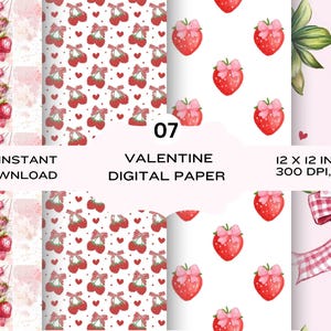 Papel digital de San Valentín con fresas de Coquette, texturas imprimibles sin costuras, patrones festivos, diseños de temporada, papeles para álbumes de recortes de vacaciones