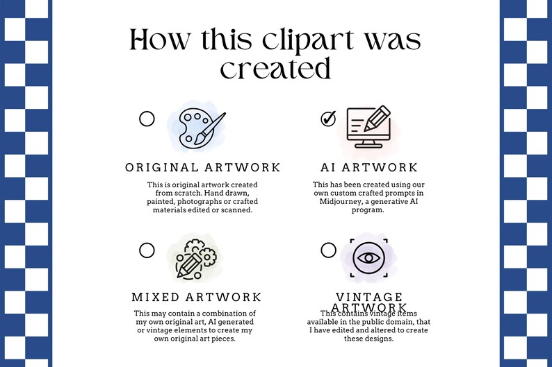 May include: A graphic explaining how clipart is created.  The graphic shows four methods: original artwork, AI artwork, mixed artwork, and vintage artwork.  Each method is illustrated with a simple icon.