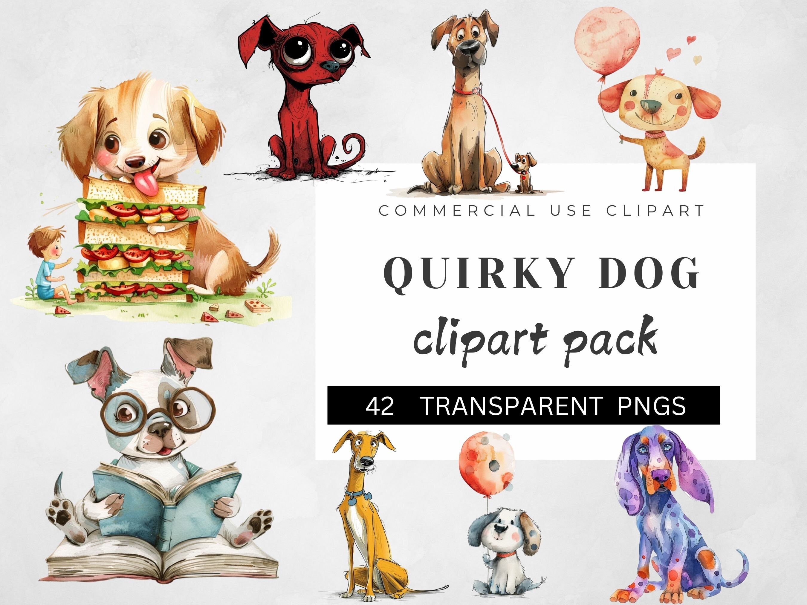 Quirky Dog Clipart PNG Bundle, Whimsical Dogs Art, Animal Puppy PNG ...