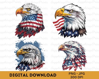 American Bald Eagle Clipart Bundle | Watercolor Patriotic Eagle PNG | USA Flag Bird Graphics Digital Download