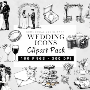 Hochzeit Symbol Clip Art Bundle, 100 Hochzeitselemente PNG, Hochzeit Timeline Clipart, Hochzeitsillustrationen, Schwarz Weiß PNG, Papierhandwerk