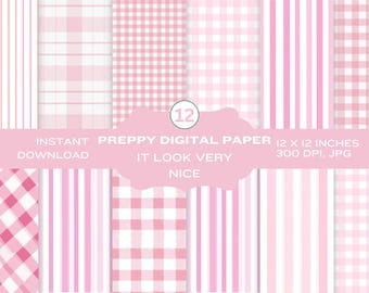 Preppy Digital Paper, Grandmillenial Digital Papers, Checkered Stripes Digital Paper, Scrapbook Paper, Junk Journal Paper, Preppy Background