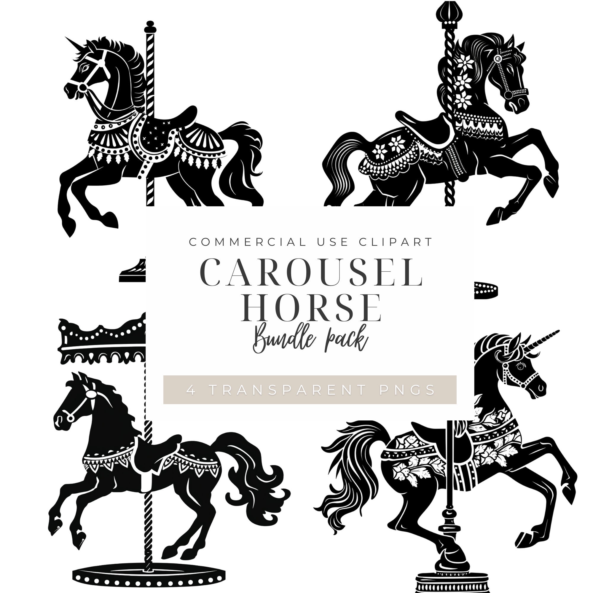 Carousel Horse Clipart Bundle Set of 4, Carousel Horse Png, Horse Clipart, Horse Lovers Png, For Commercial Use, Digital Download