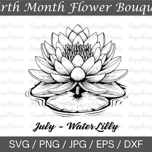 Nenúfar Svg, Flor de Nascimento de Julho, Mês de Nascimento Buquê de Flores Svg, Nenúfar Flor Svg, Caneca Floral Svg, Flores Silvestres Svg, Camisa Floral Svg