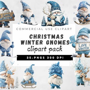Blue Christmas Winter Gnome Clipart Bundle, Winter Gnome Clipart PNG, Seasonal Gnomes Clip Art, Cute Christmas Set, Winter Holiday Clipart