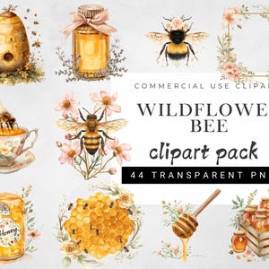 Peut inclure: Pack d'images clipart à l'aquarelle sur le thème des abeilles et du miel. Comprend une ruche, un pot de miel, une tasse à thé avec une abeille, un nid d'abeilles et une cuillère à miel en bois. Le texte indique "Wildflower Bee clipart pack".