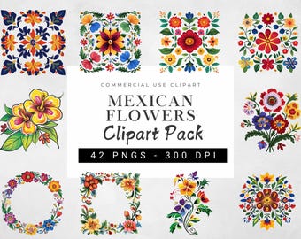 Watercolor Mexican Flower Clipart Set | Fiesta Floral Frames PNG | Colorful Folk Art Flowers | Tile Design