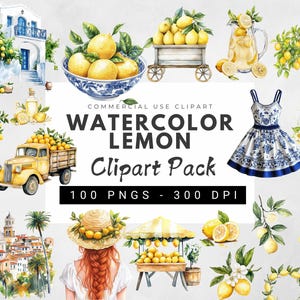 Bundle de cliparts aquarelle citron, illustration graphique citron, couronne de citron aquarelle, motif sans couture de carreaux méditerranéens, citron PNG