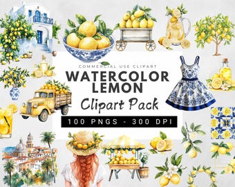 Paquete de imágenes prediseñadas de limones en acuarela, ilustración gráfica de limones, corona de limones en acuarela, patrón sin costuras de azulejos mediterráneos, limón PNG