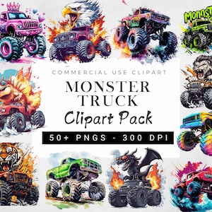 Aquarell Monstertruck Clipart, Monstertruck Png-Bundle, Monstertruck Geburtstag Png Clipart, transparenten Monstertruck Clipart